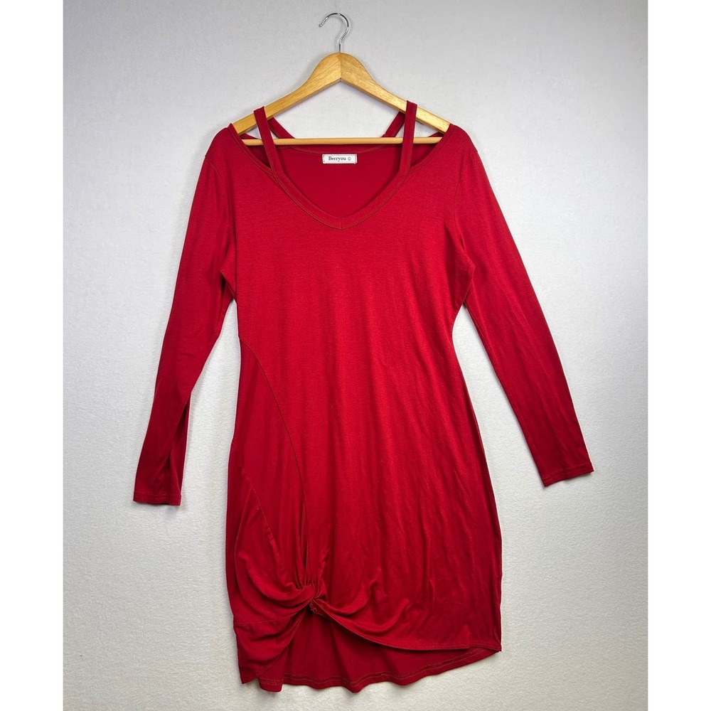 Berryyou Red Cutout Shoulder Knot Hem Long Sleeve Tunic Dress‎ Women's L